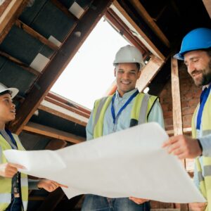 Teamwork, planning and construction workers with blueprint in building looking at engineering desig